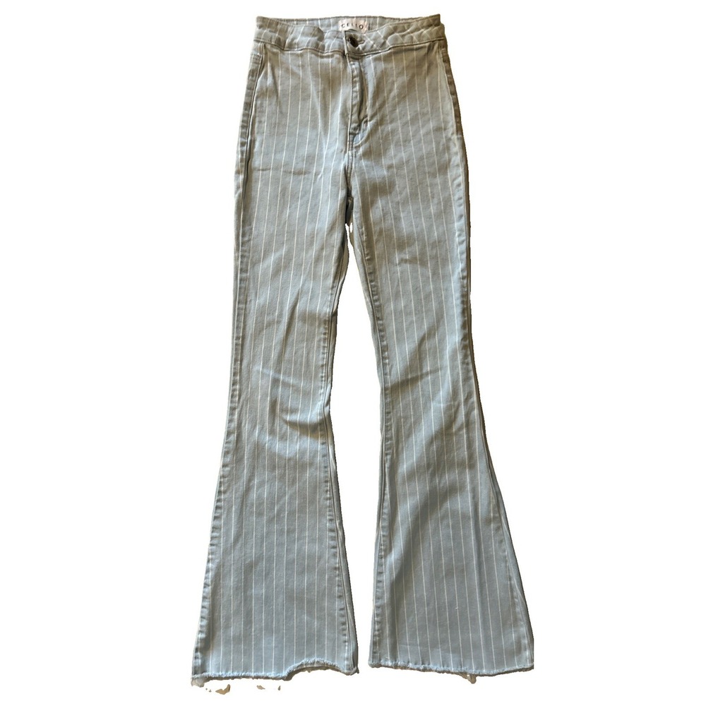 Cello Jeans Womens Size 1 Blue Striped Flared Frayed Stretch Denim Faux Pockets